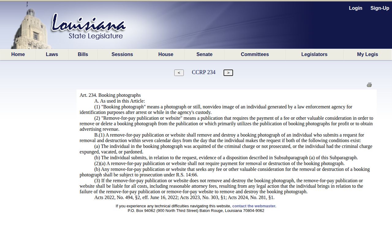Louisiana Article 234 booking photograph law for Morehouse Parish records